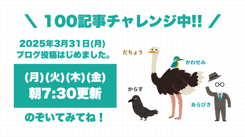 雑記ブログ「あらびき論」の100記事チャレンジ告知バナー|更新曜日とキャラ紹介入り
